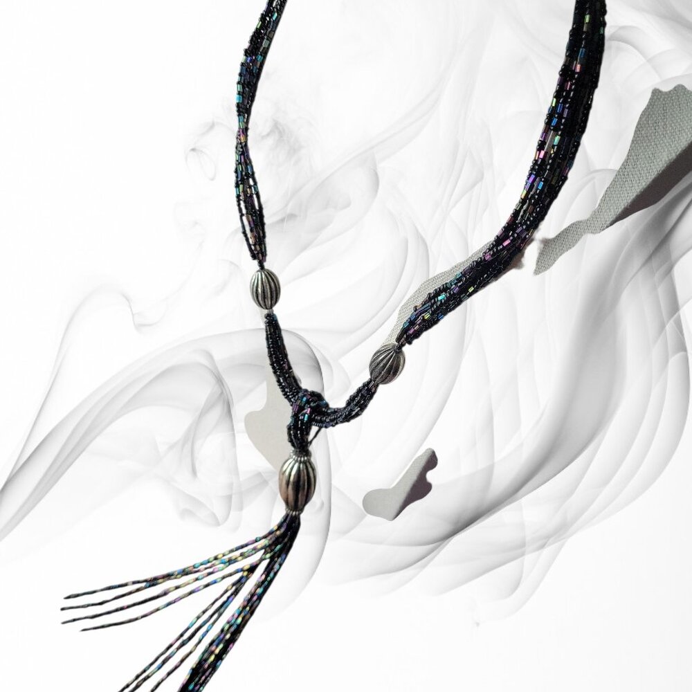 ๐ Black Beaded Tassel Necklace Iridescent Multi Strand Statement Silver Tone - Picture 3 of 4